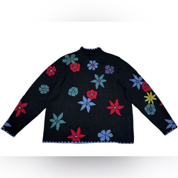 Coldwater Creek Black Knit Sweater Floral Embroidery Colorful Flowers Cardigan - Picture 3 of 6